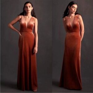 Anthro BHLDN Jenny Yoo Logan Rose Deep V Neck Velvet Sleeveless Maxi Gown Size 2